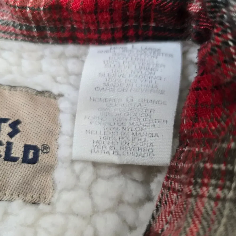 Vintage 80s Red Plaid Sherpa Lined Quilted Shacket Jacket Men's Outdoor Chore L